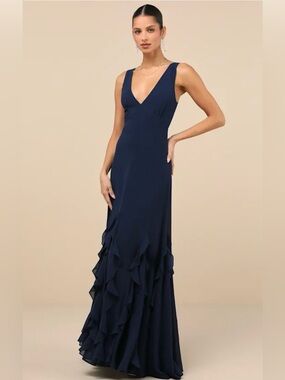 Lulus Alorna Dark Navy Sleeveless Ruffled Maxi Dress L NWT